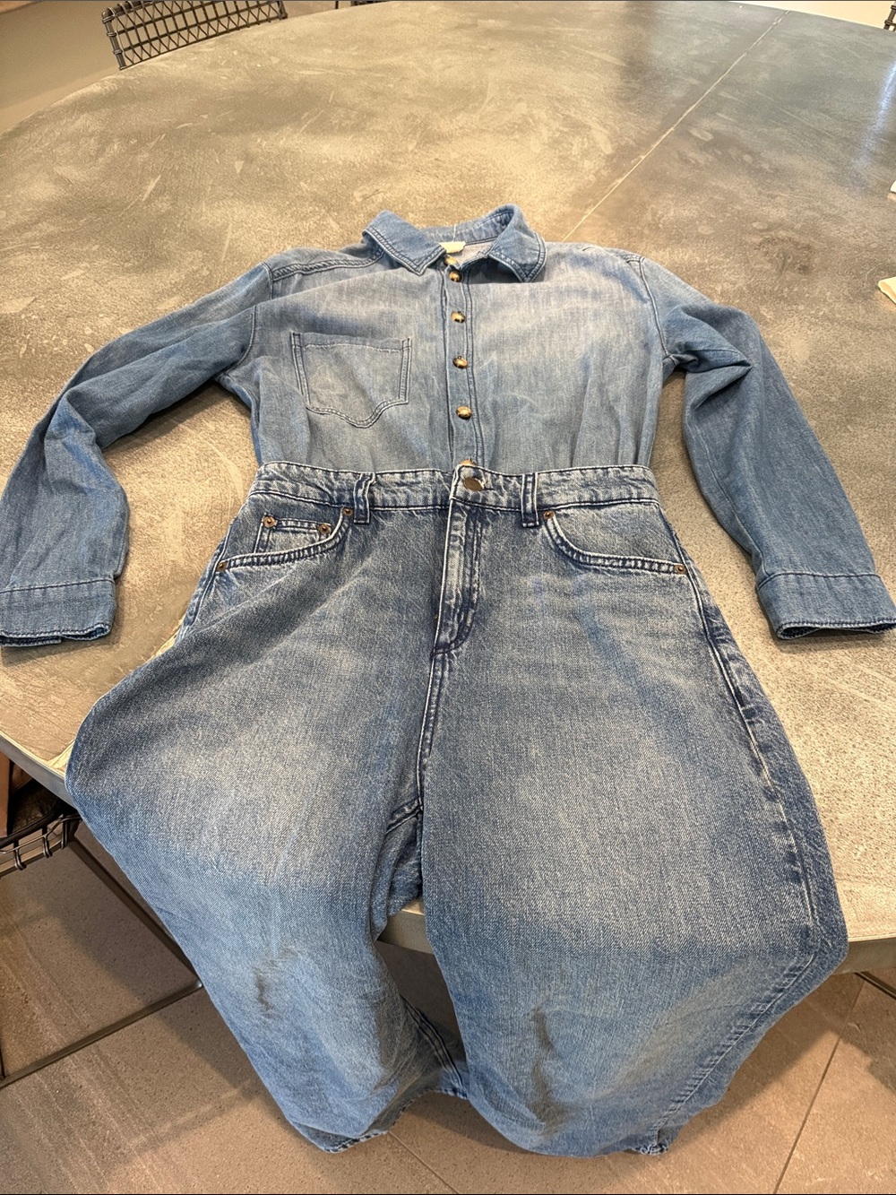 ba&sh Washed Blue Denim Jumpsuit with Button Front